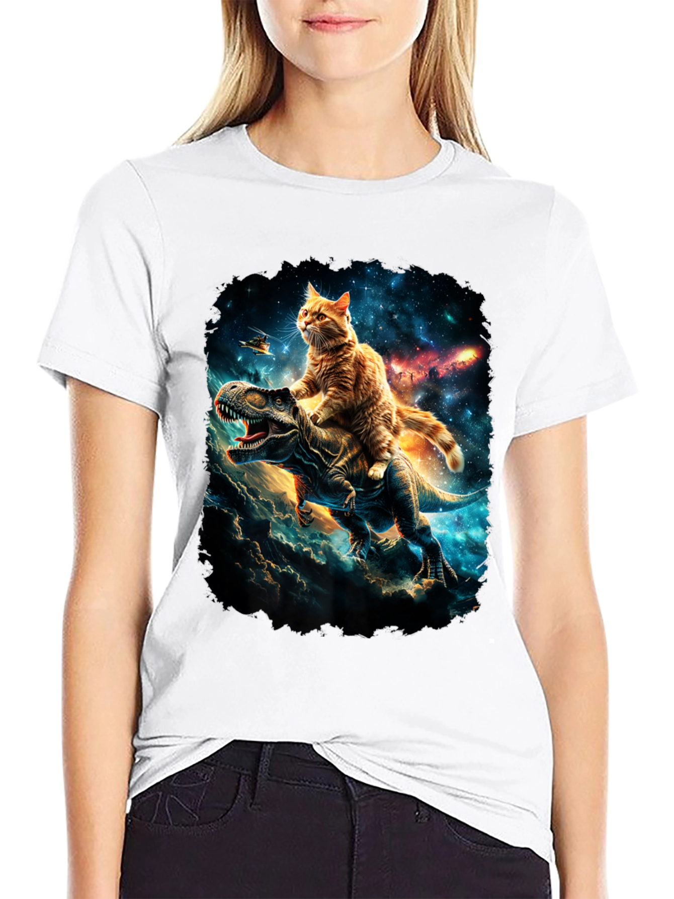 Cat Riding Dinosaur T-Shirt Galaxy Design