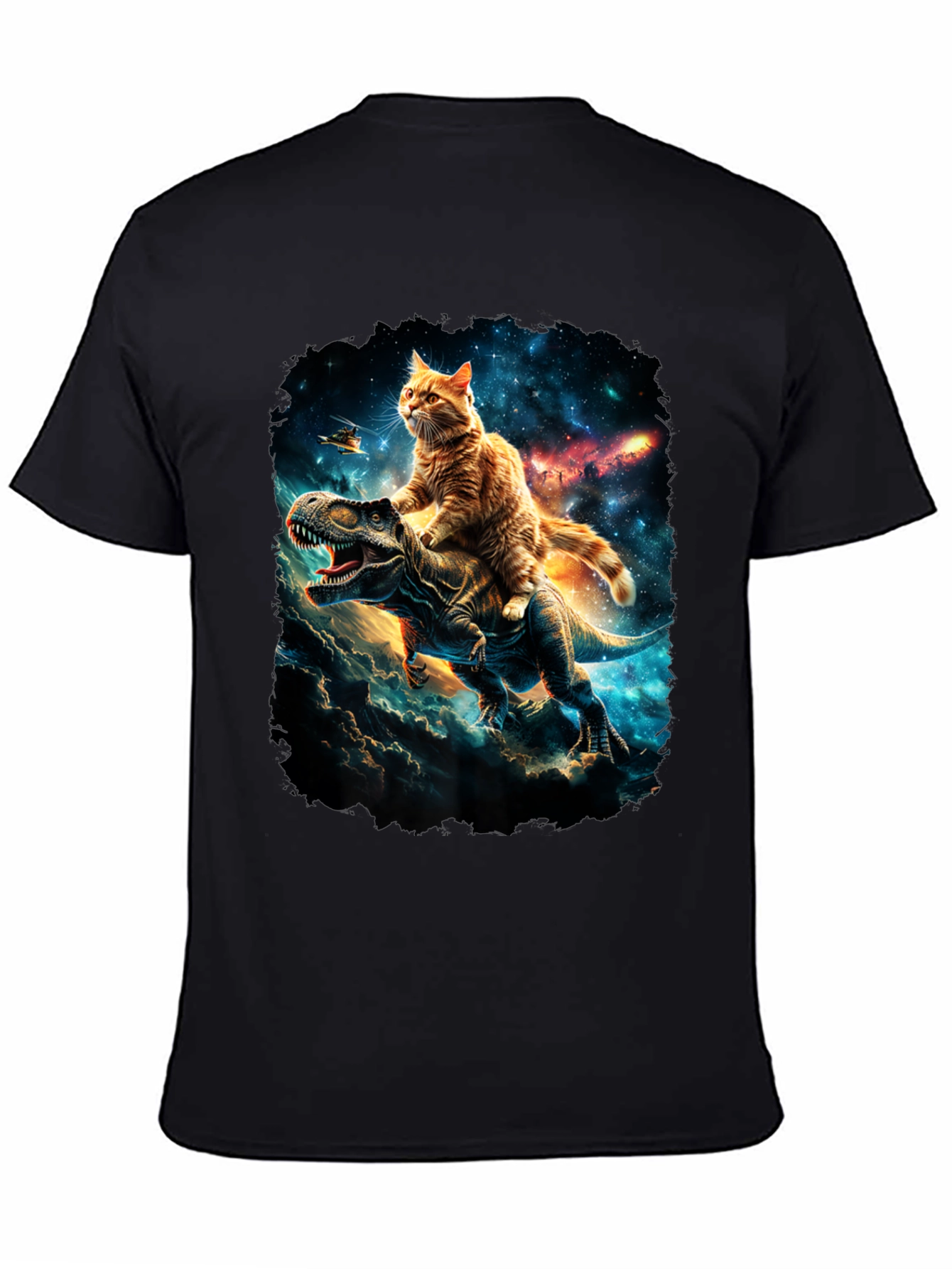 Cat Riding Dinosaur T-Shirt Galaxy Design