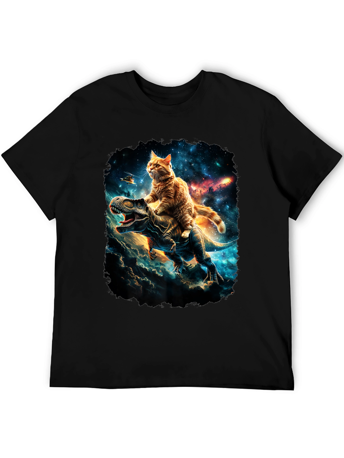 Cat Riding Dinosaur T-Shirt Galaxy Design