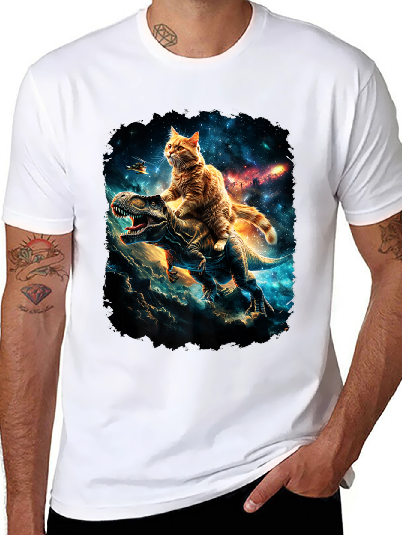 Cat Riding Dinosaur T-Shirt Galaxy Design