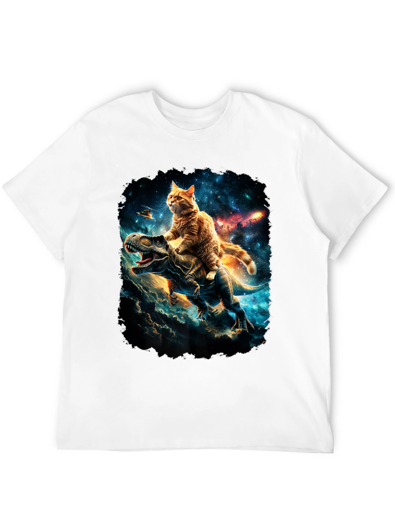 Cat Riding Dinosaur T-Shirt Galaxy Design