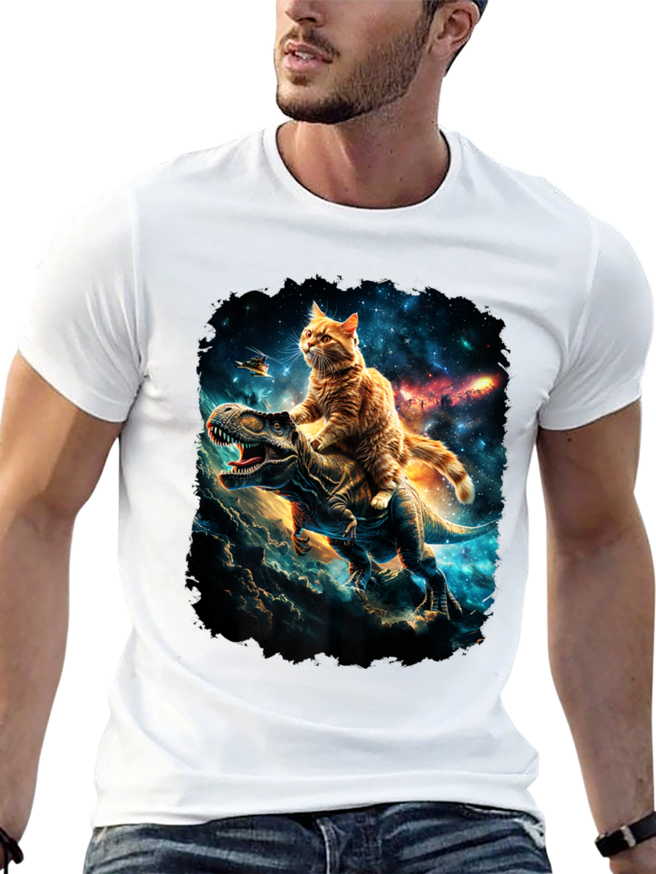 Cat Riding Dinosaur T-Shirt Galaxy Design