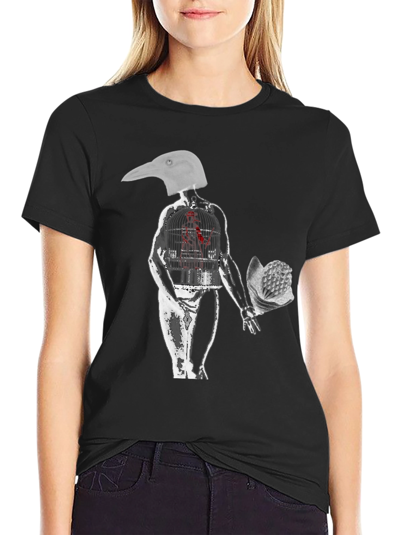 Surreal Bird Head Graphic Tee - Edgy Art Shirt