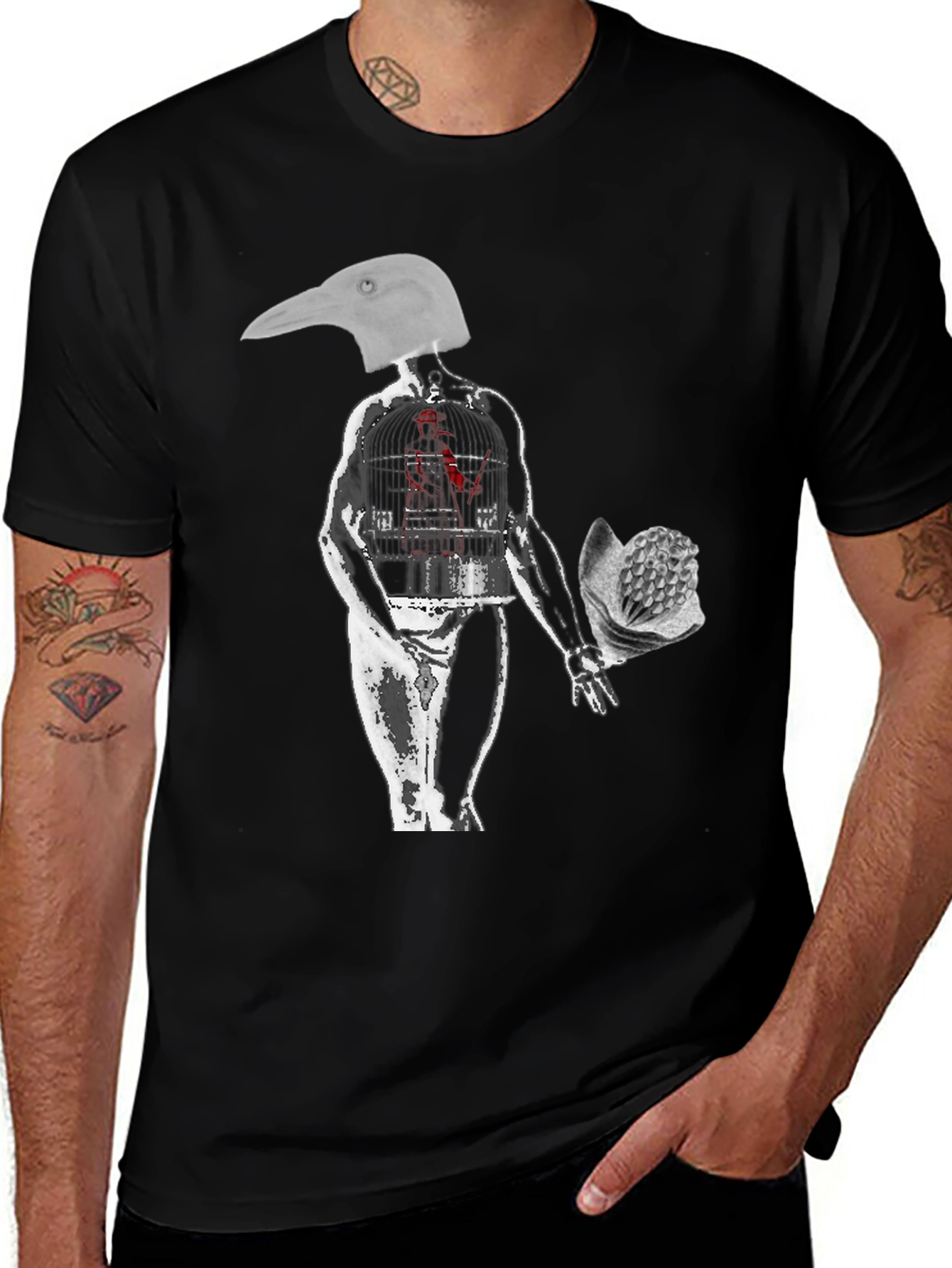 Surreal Bird Head Graphic Tee - Edgy Art Shirt