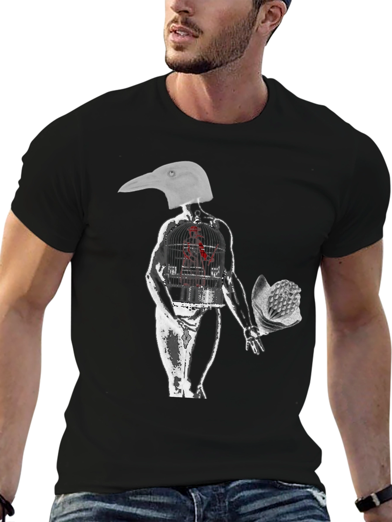 Surreal Bird Head Graphic Tee - Edgy Art Shirt