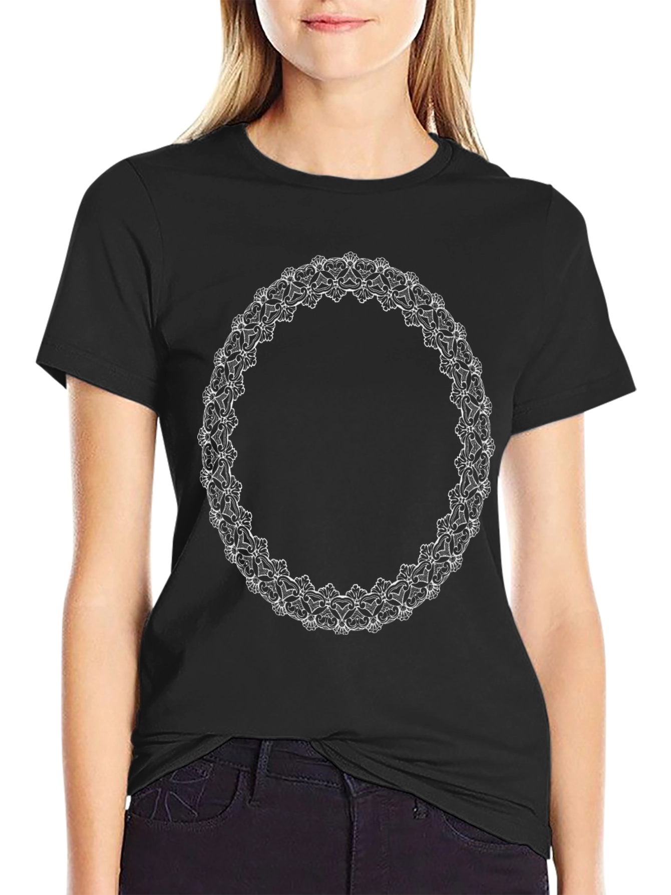 Elegant Black T-Shirt with Ornamental Floral Oval