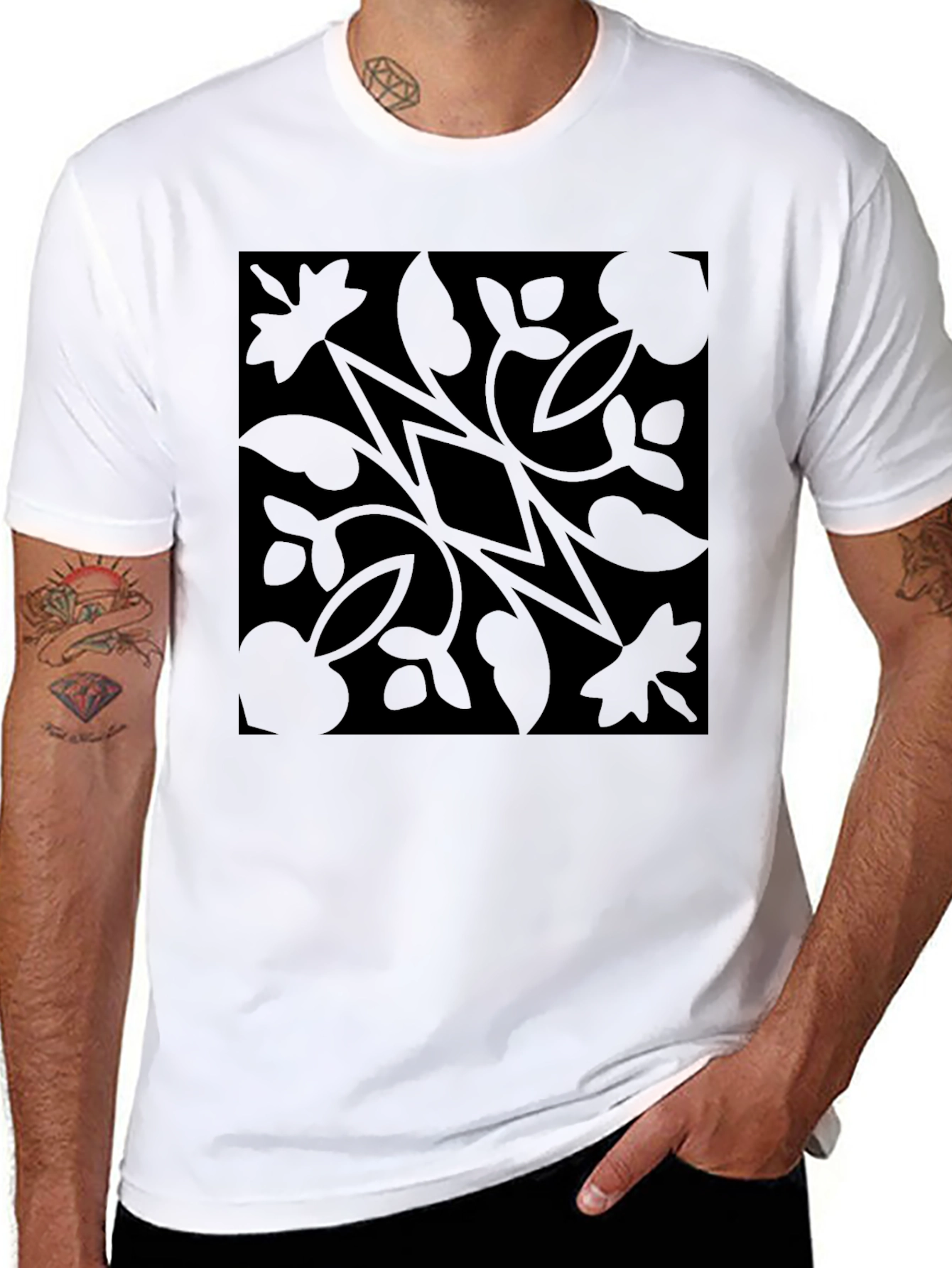 Black Floral Diamond Pattern Graphic T-Shirt