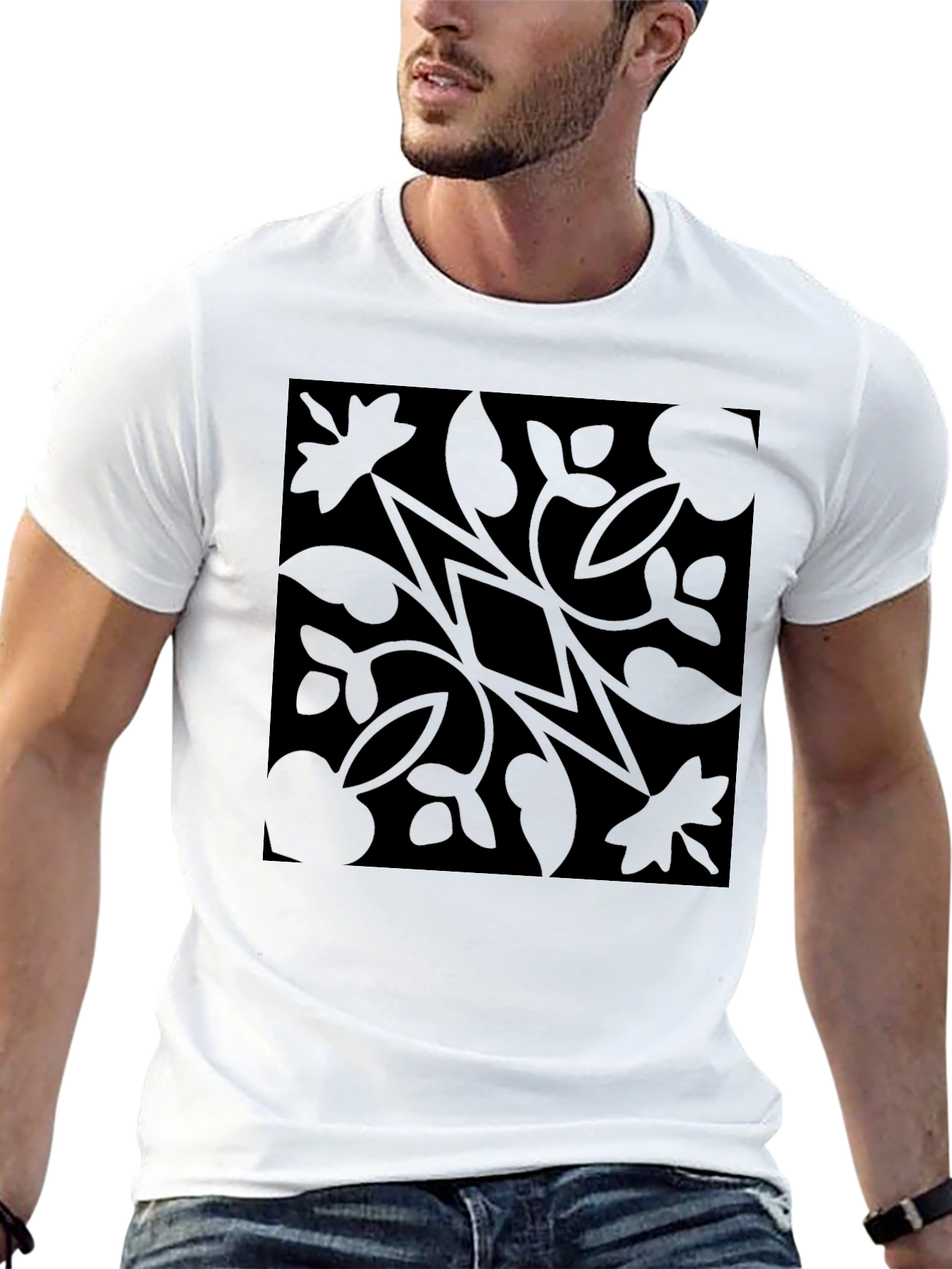 Black Floral Diamond Pattern Graphic T-Shirt