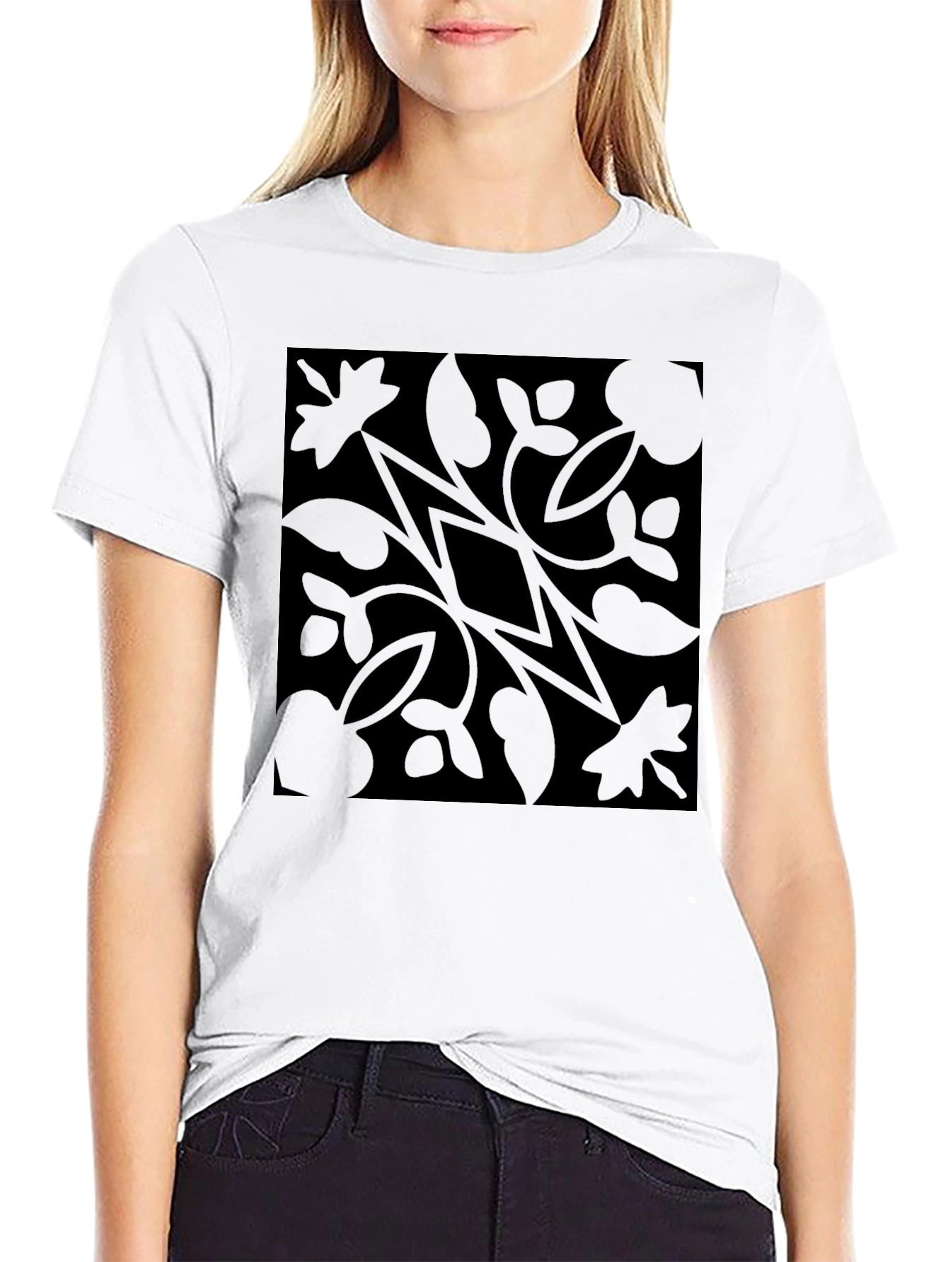 Black Floral Diamond Pattern Graphic T-Shirt