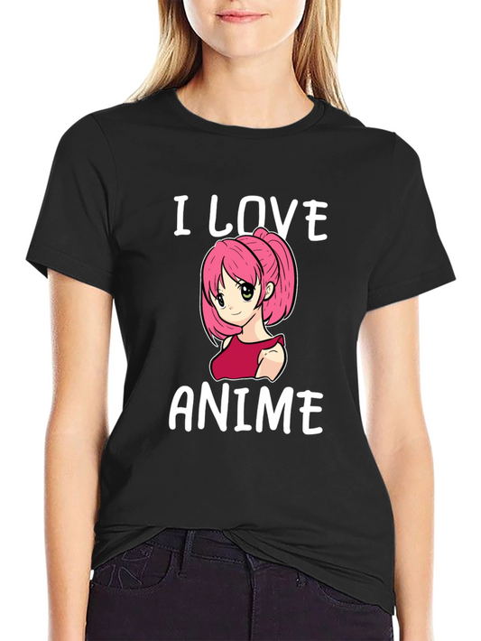 I Love Anime T-Shirt Black Cotton Short Sleeve