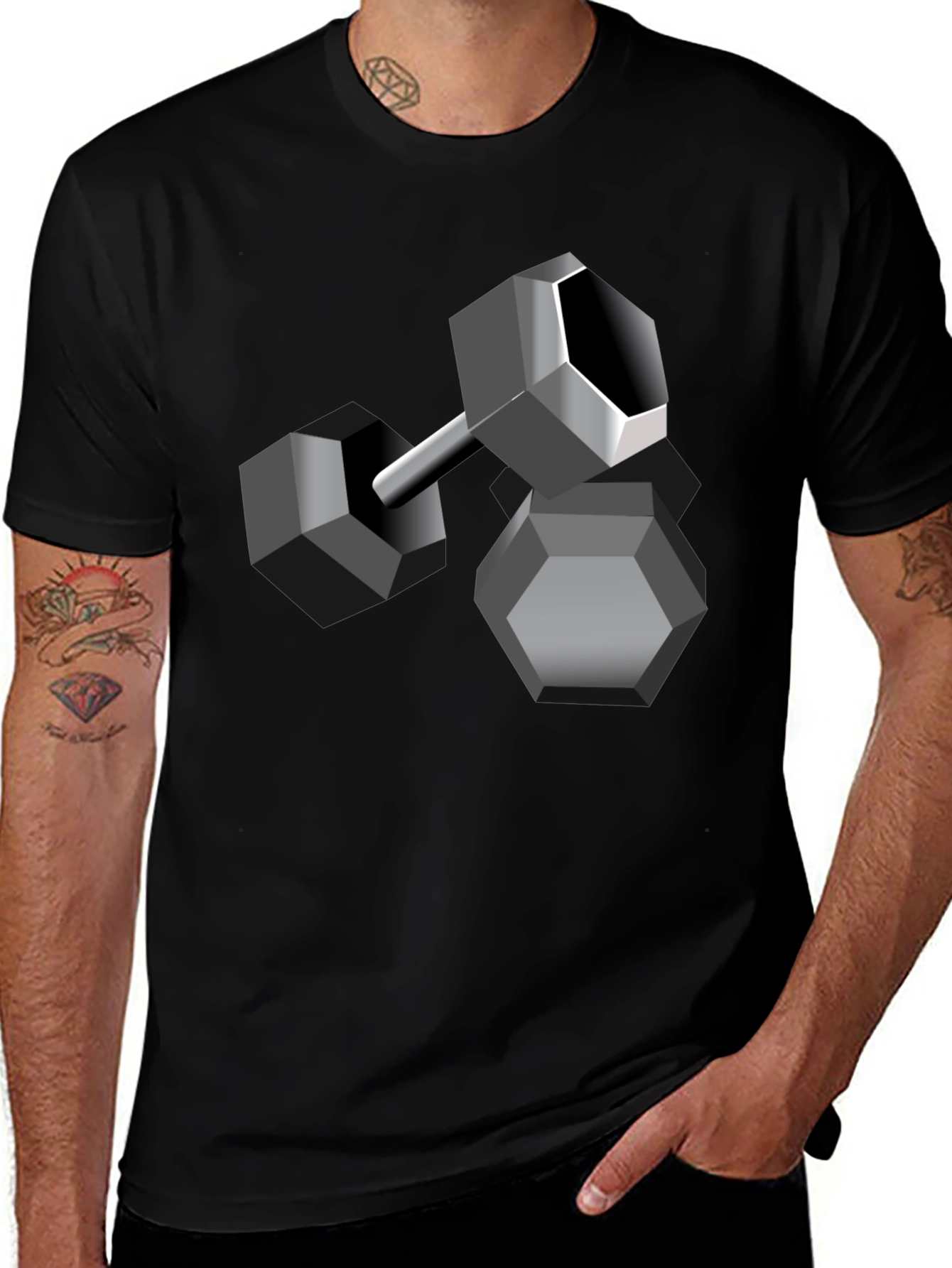 Geometric Dumbbell Graphic Tee - Black Cotton Blend
