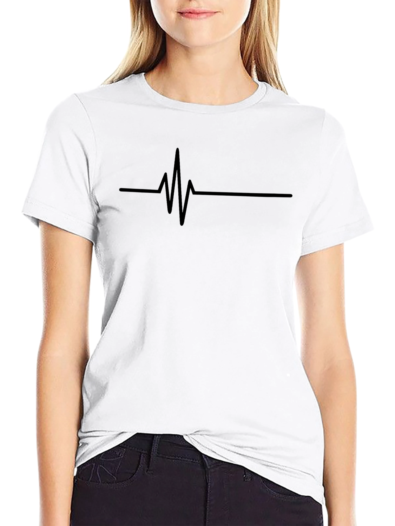 Black Heartbeat Line Graphic Tee - Casual Style