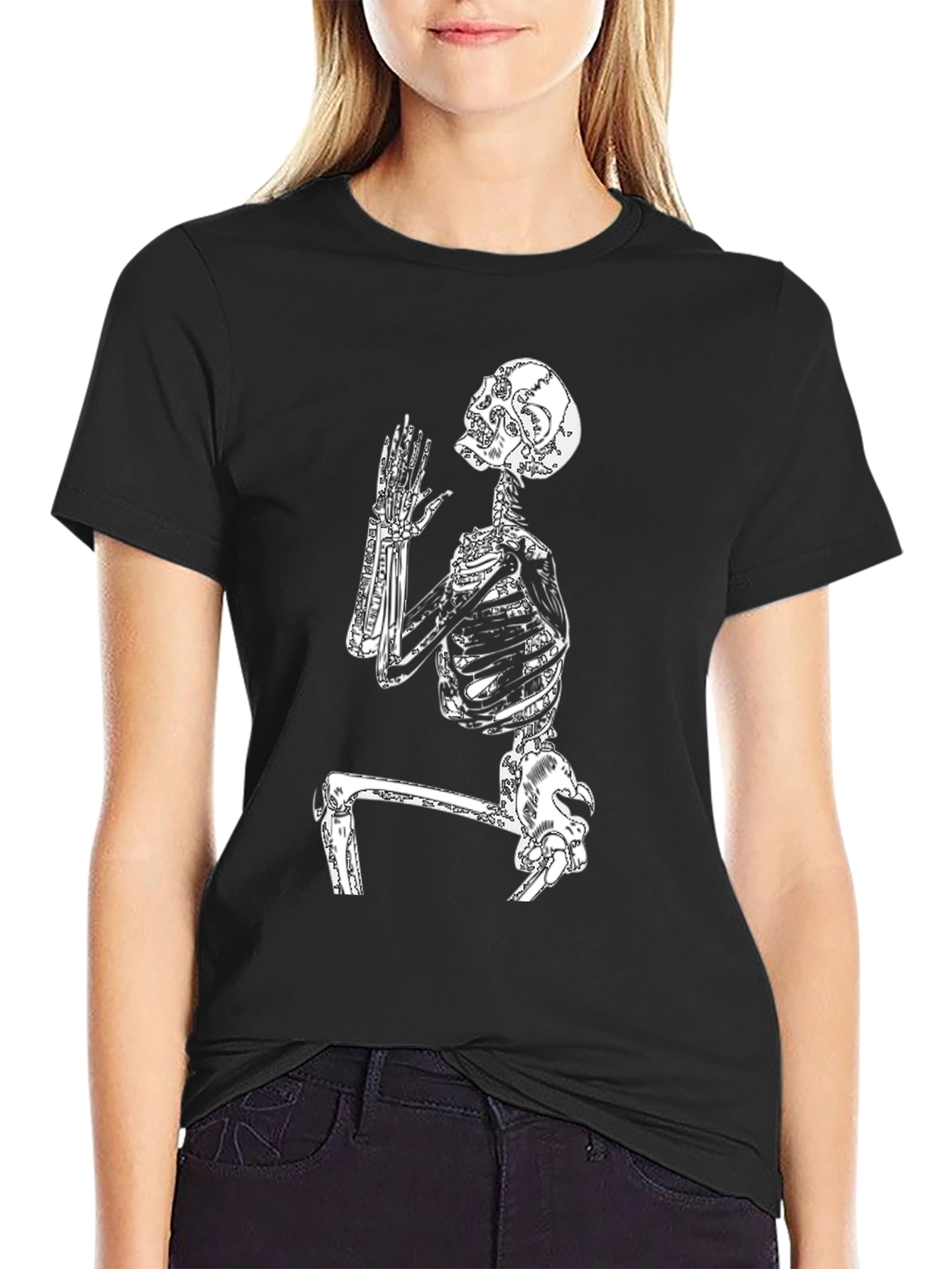 Skeleton Praying Graphic Tee - Black Cotton T-Shirt