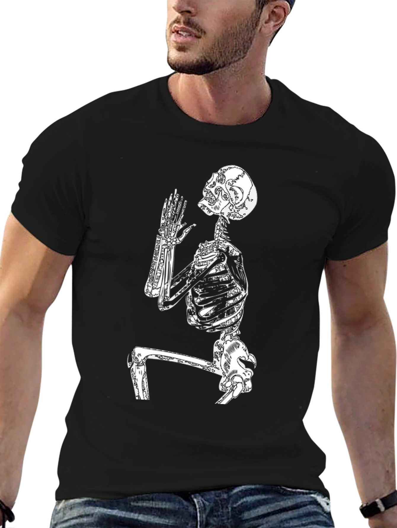 Skeleton Praying Graphic Tee - Black Cotton T-Shirt