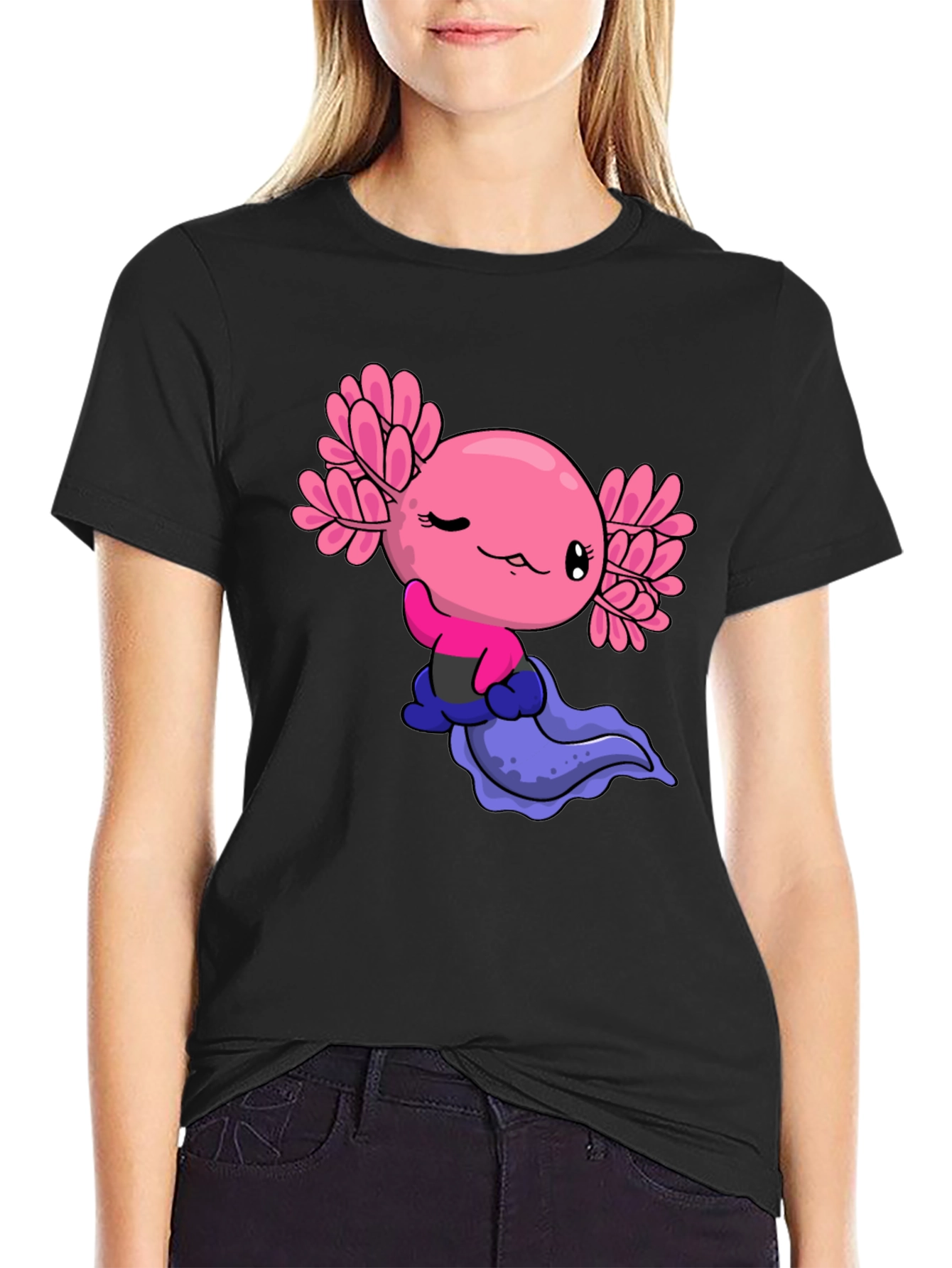 Cute Axolotl Cartoon Black T-Shirt