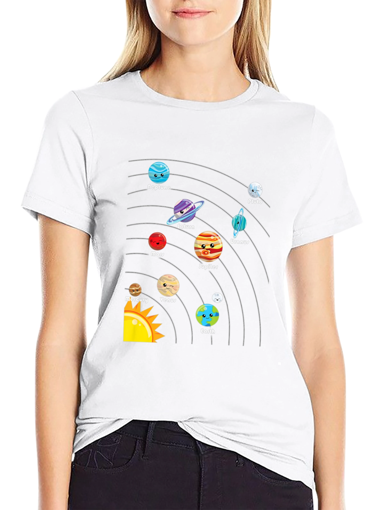 Cartoon Planets Solar System Black T-Shirt