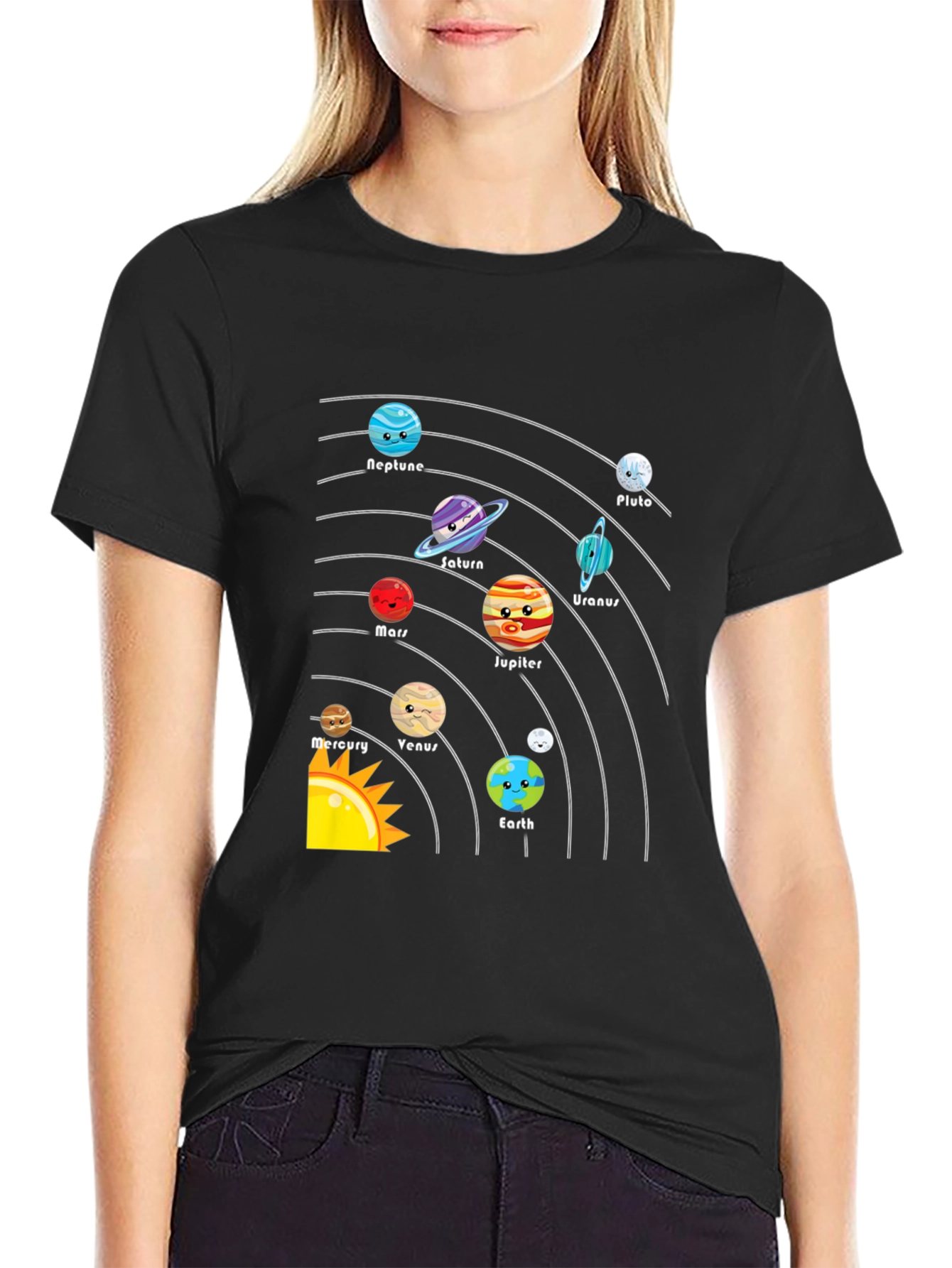 Cartoon Planets Solar System Black T-Shirt