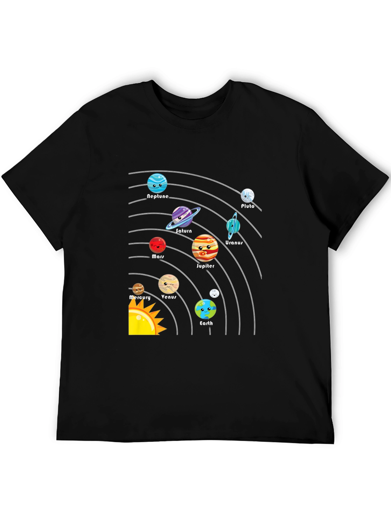 Cartoon Planets Solar System Black T-Shirt