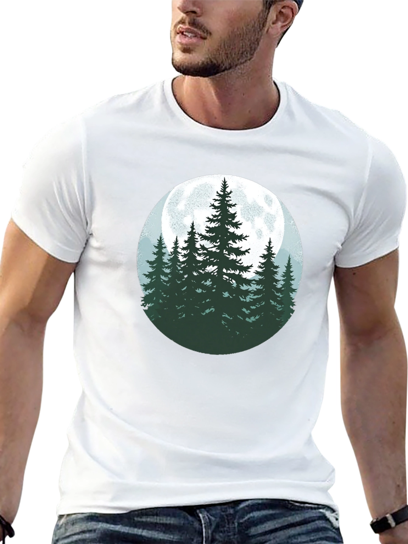 Nature Moon Pine Tree Graphic Tee - Black