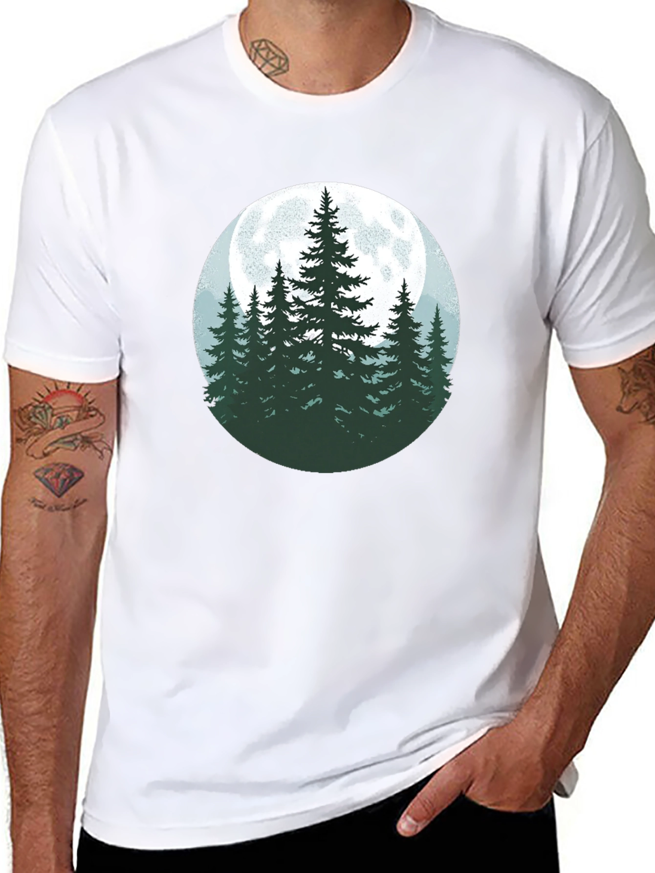 Nature Moon Pine Tree Graphic Tee - Black