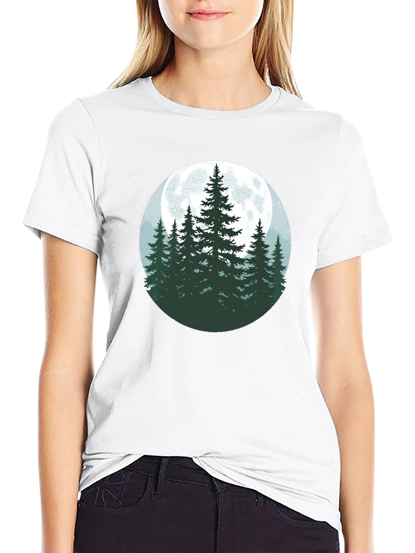 Nature Moon Pine Tree Graphic Tee - Black
