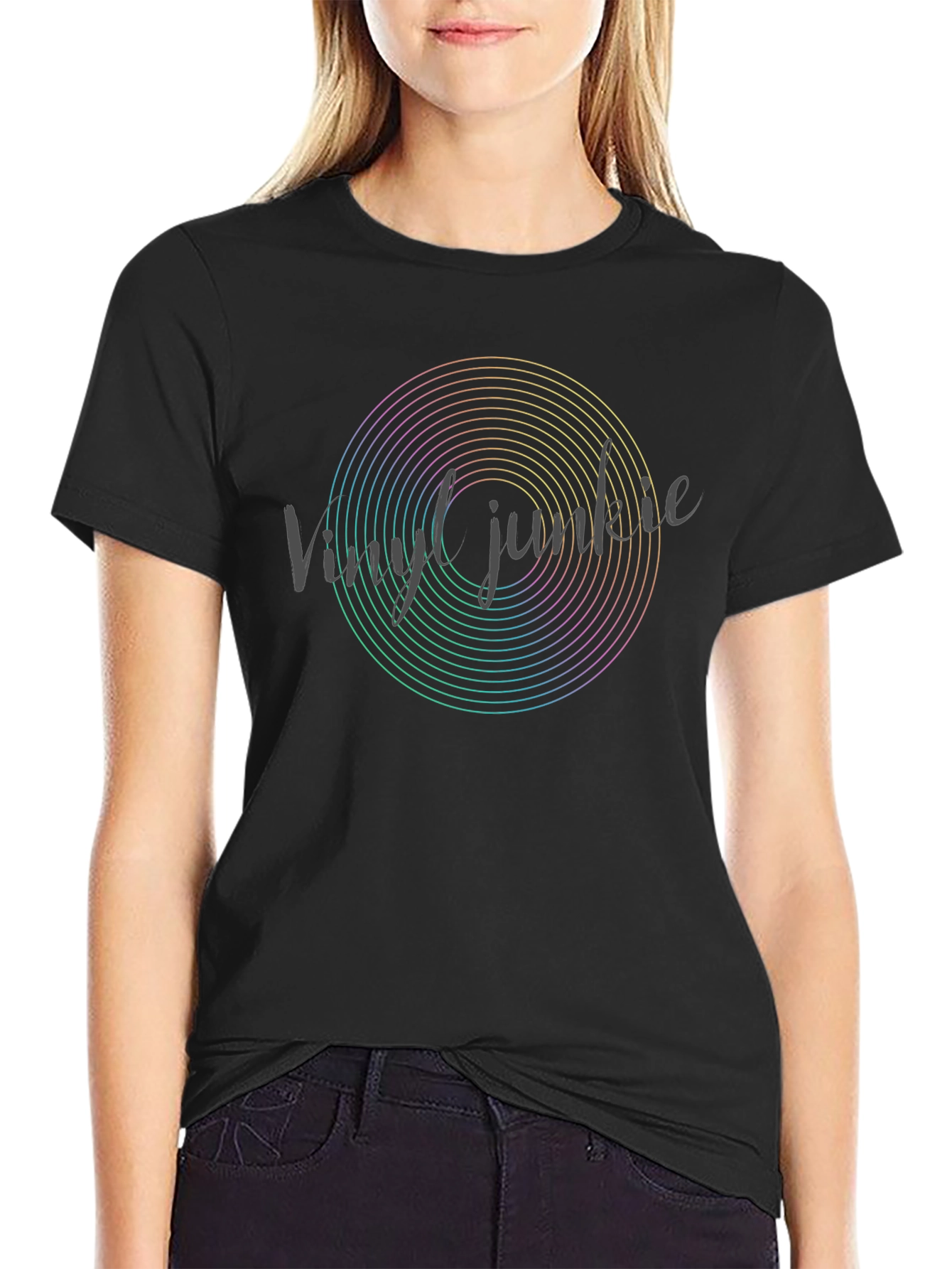 Vinyl Jumble Rainbow Circle Black T-Shirt