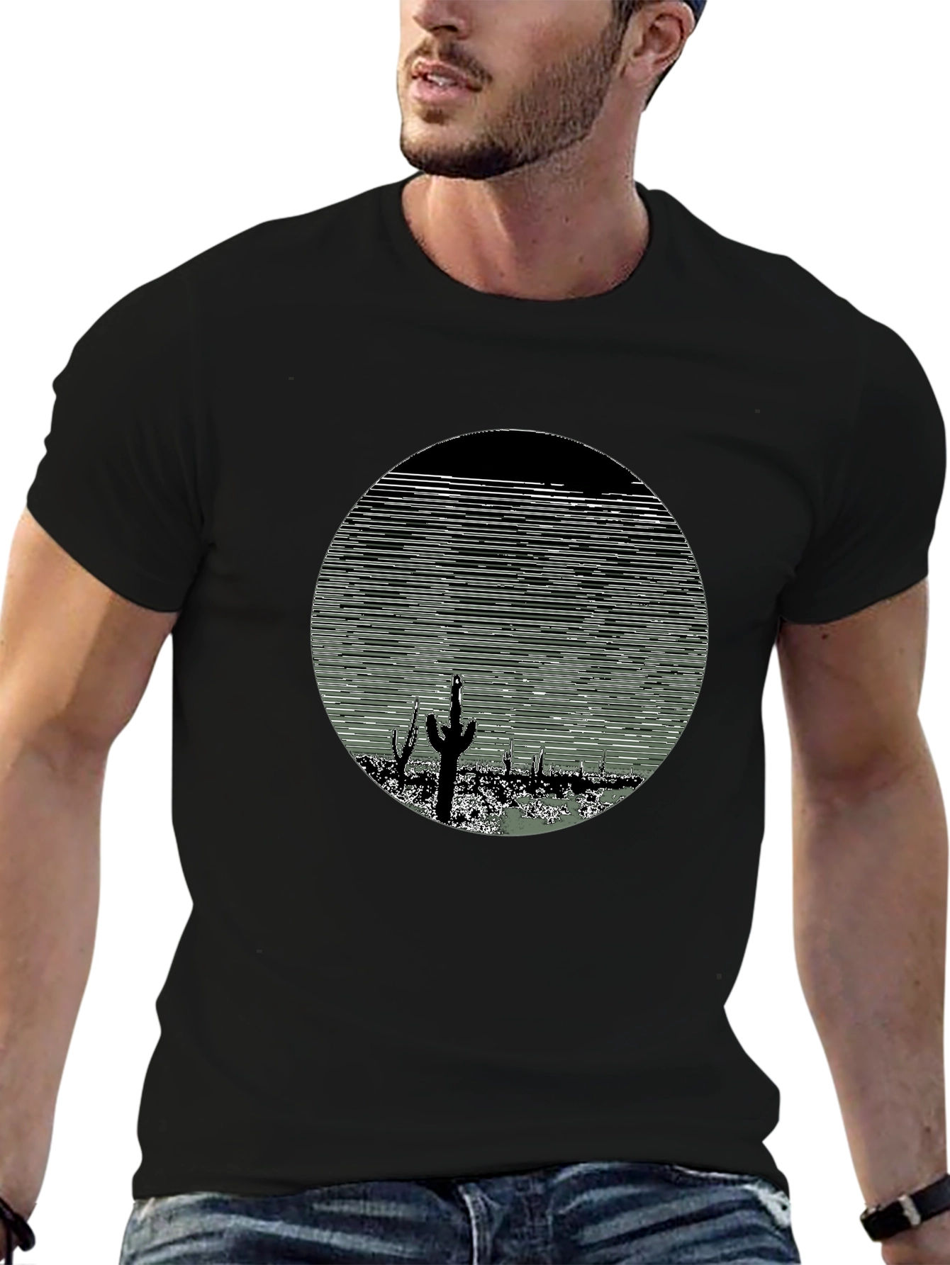 Cactus Desert Print Mens T-Shirt - Black