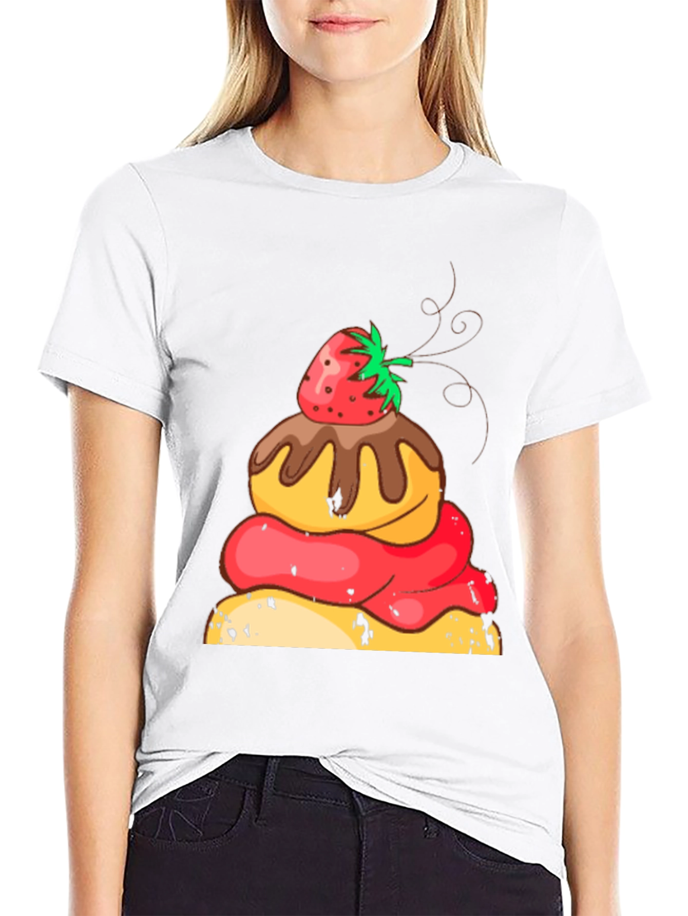 Strawberry Dessert Graphic Tee - Black Cotton Casual Shirt