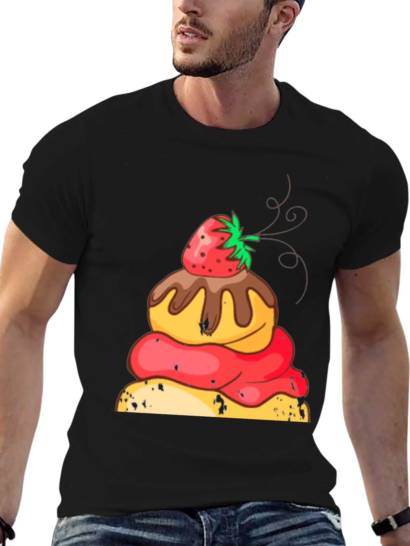 Strawberry Dessert Graphic Tee - Black Cotton Casual Shirt
