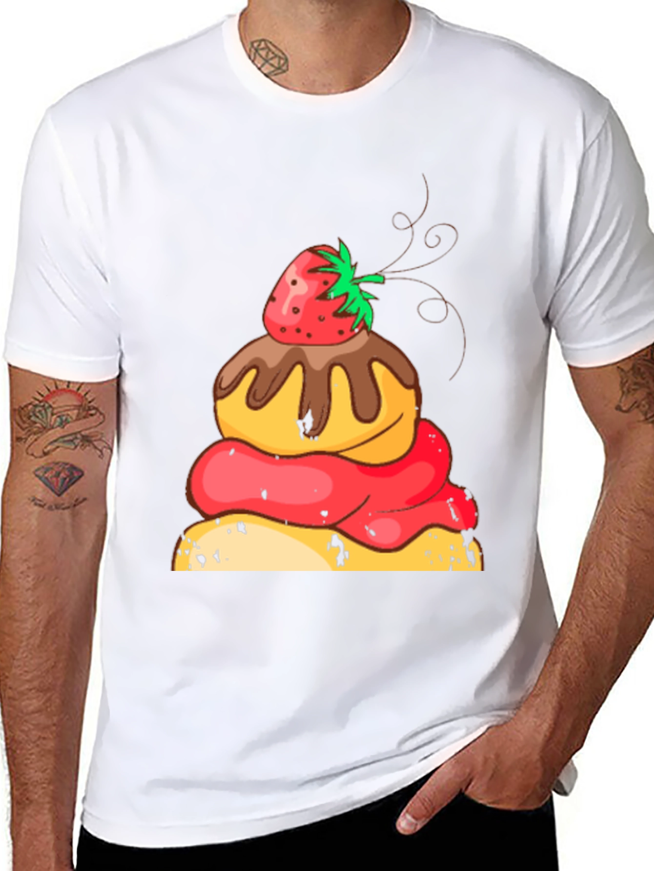 Strawberry Dessert Graphic Tee - Black Cotton Casual Shirt