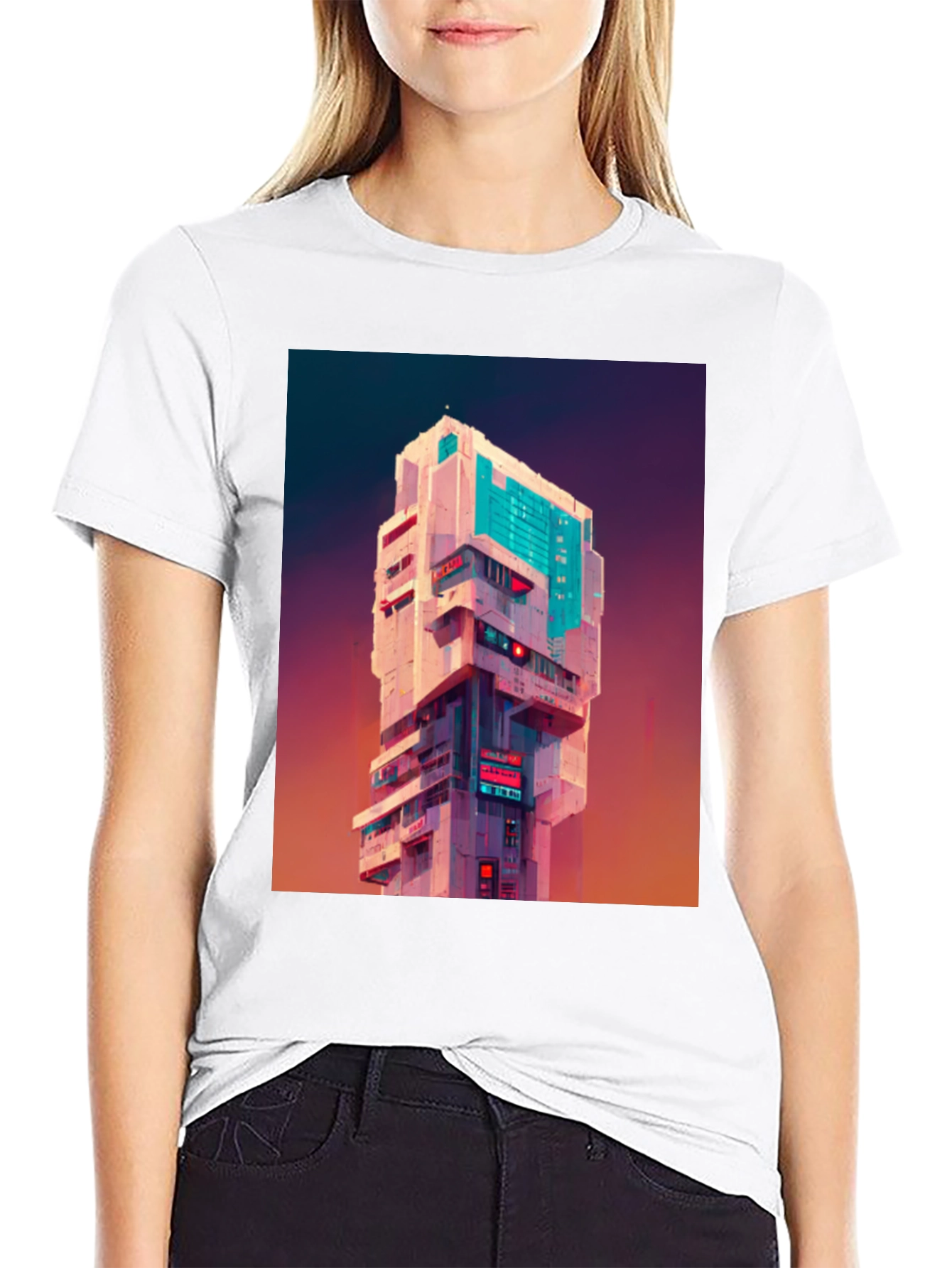 Cyberpunk Building Graphic Tee - Black T-Shirt
