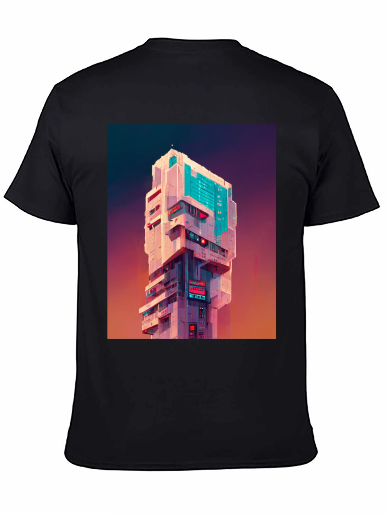 Cyberpunk Building Graphic Tee - Black T-Shirt