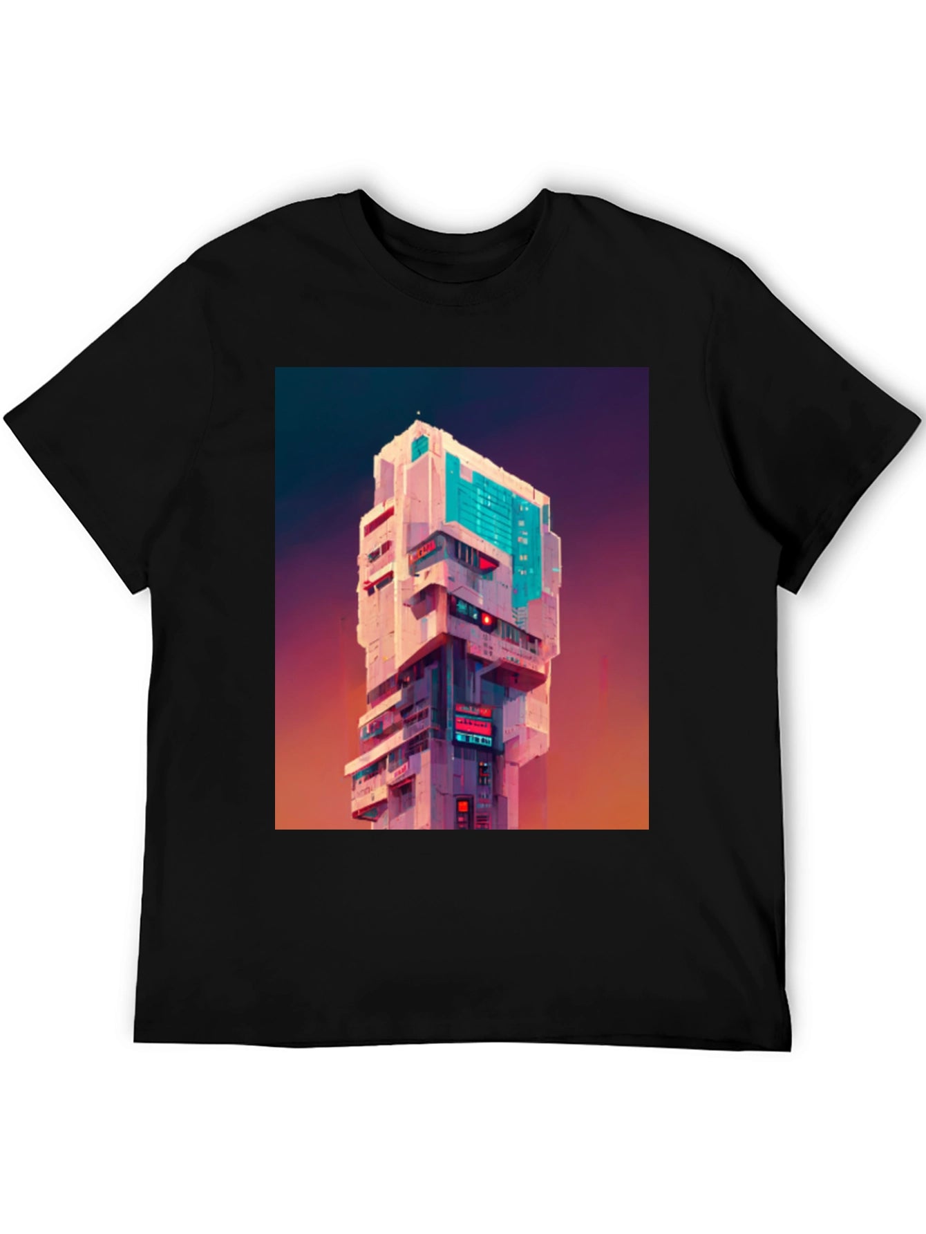 Cyberpunk Building Graphic Tee - Black T-Shirt