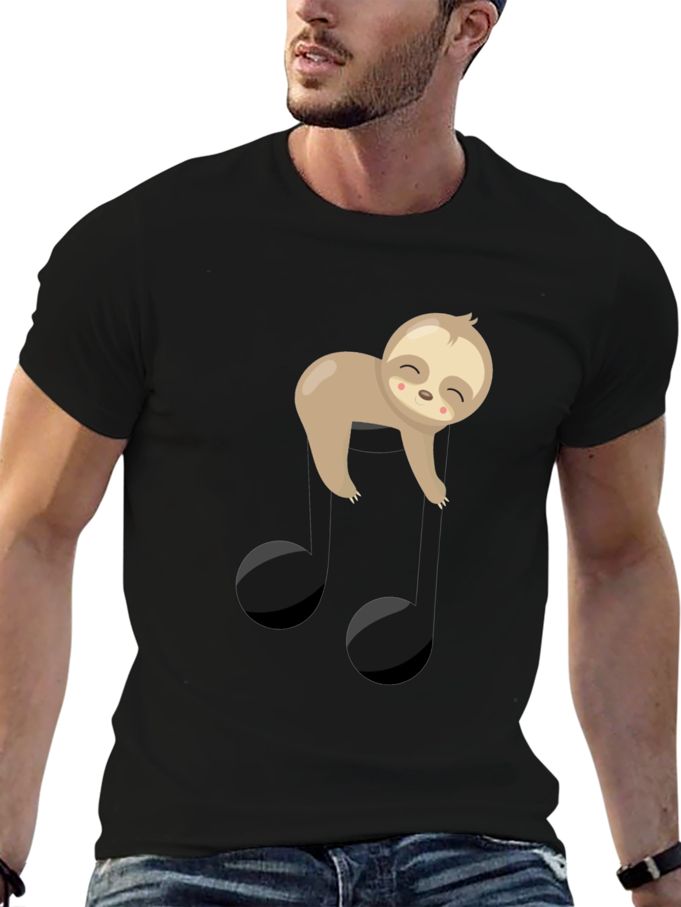 Sloth Music Note Graphic Tee - Black Cotton T-Shirt