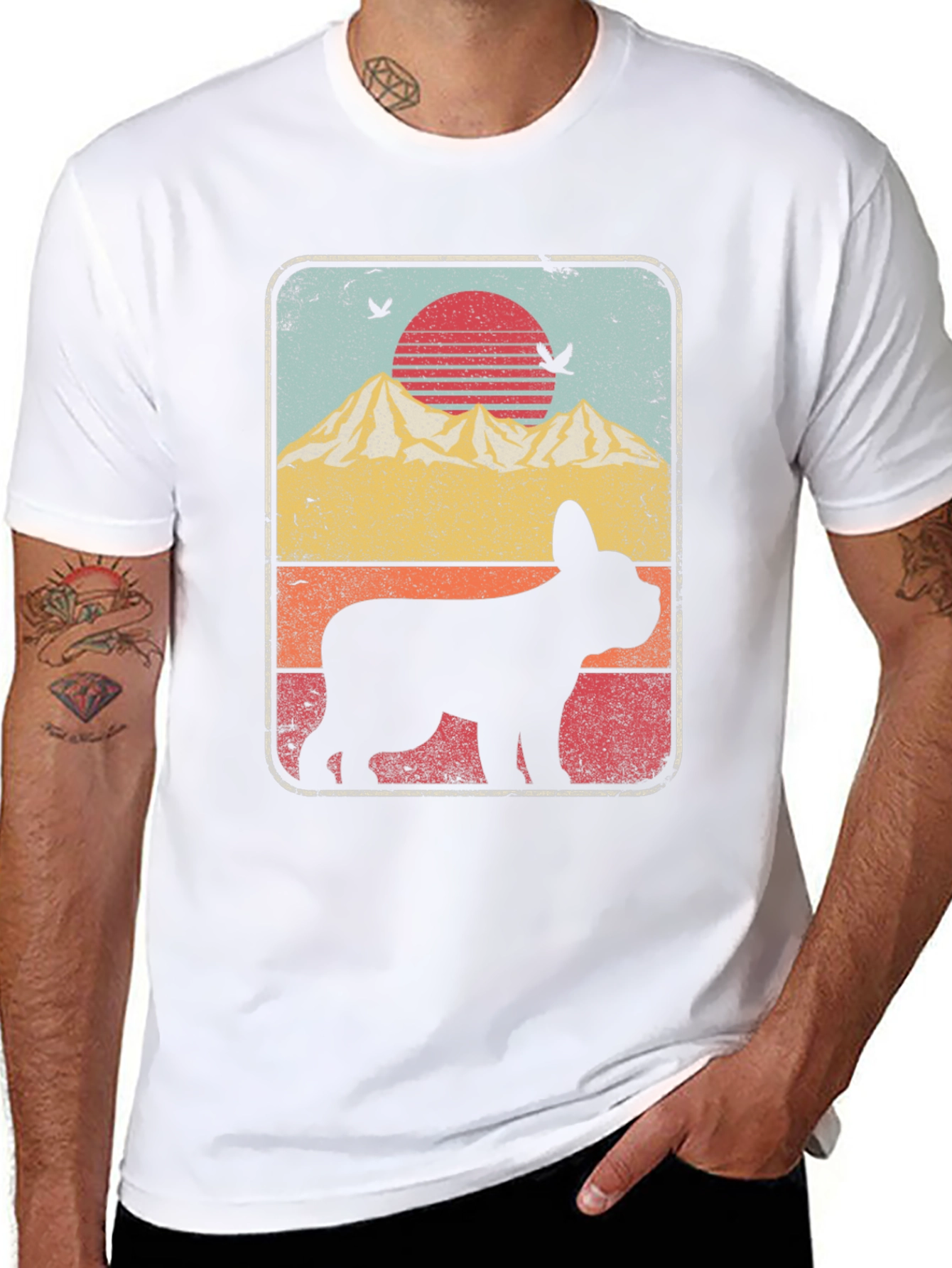 Retro Dog Silhouette T-Shirt - Mountain Sunset Design