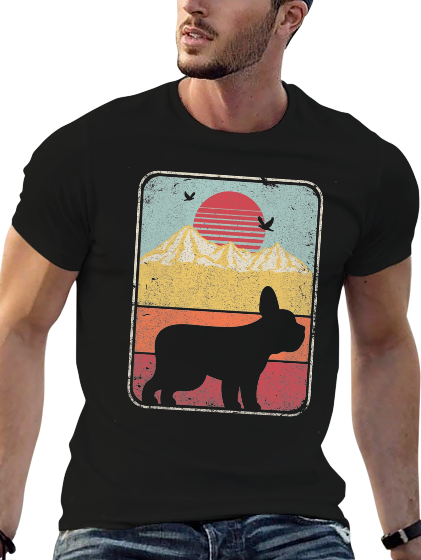 Retro Dog Silhouette T-Shirt - Mountain Sunset Design