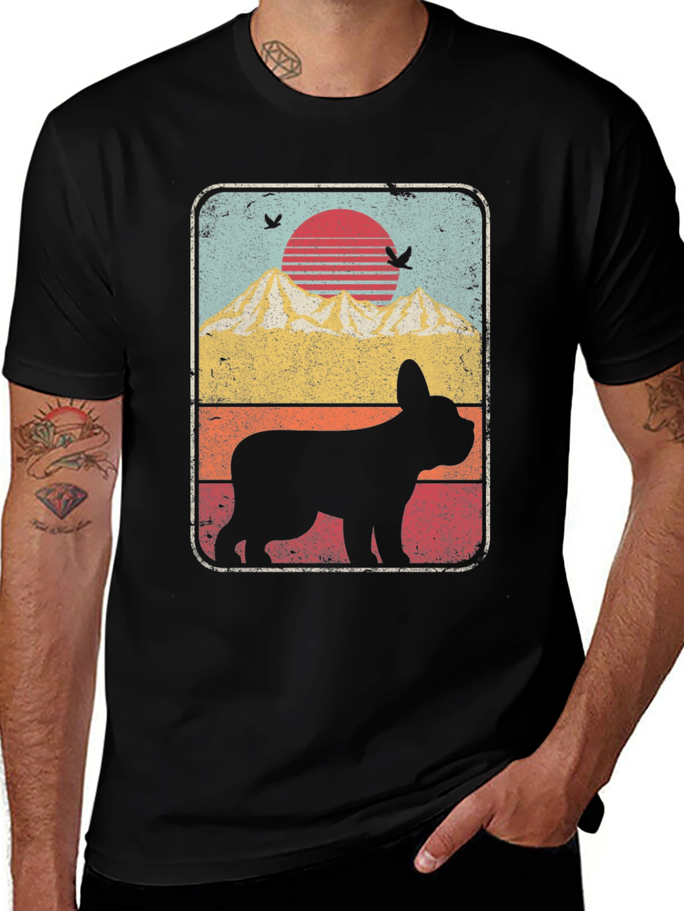 Retro Dog Silhouette T-Shirt - Mountain Sunset Design