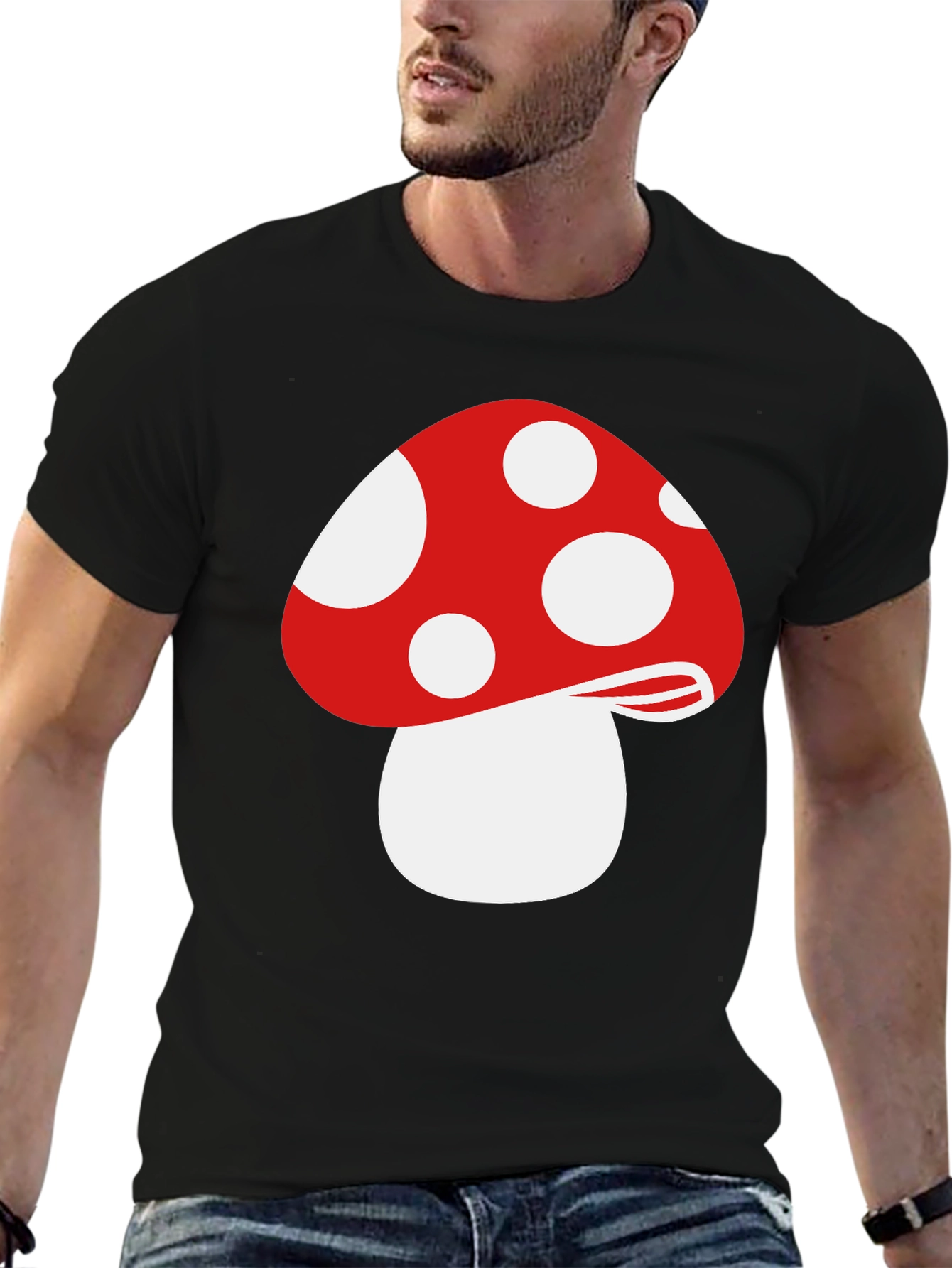 Red Mushroom Graphic Tee - Funky Black T-Shirt