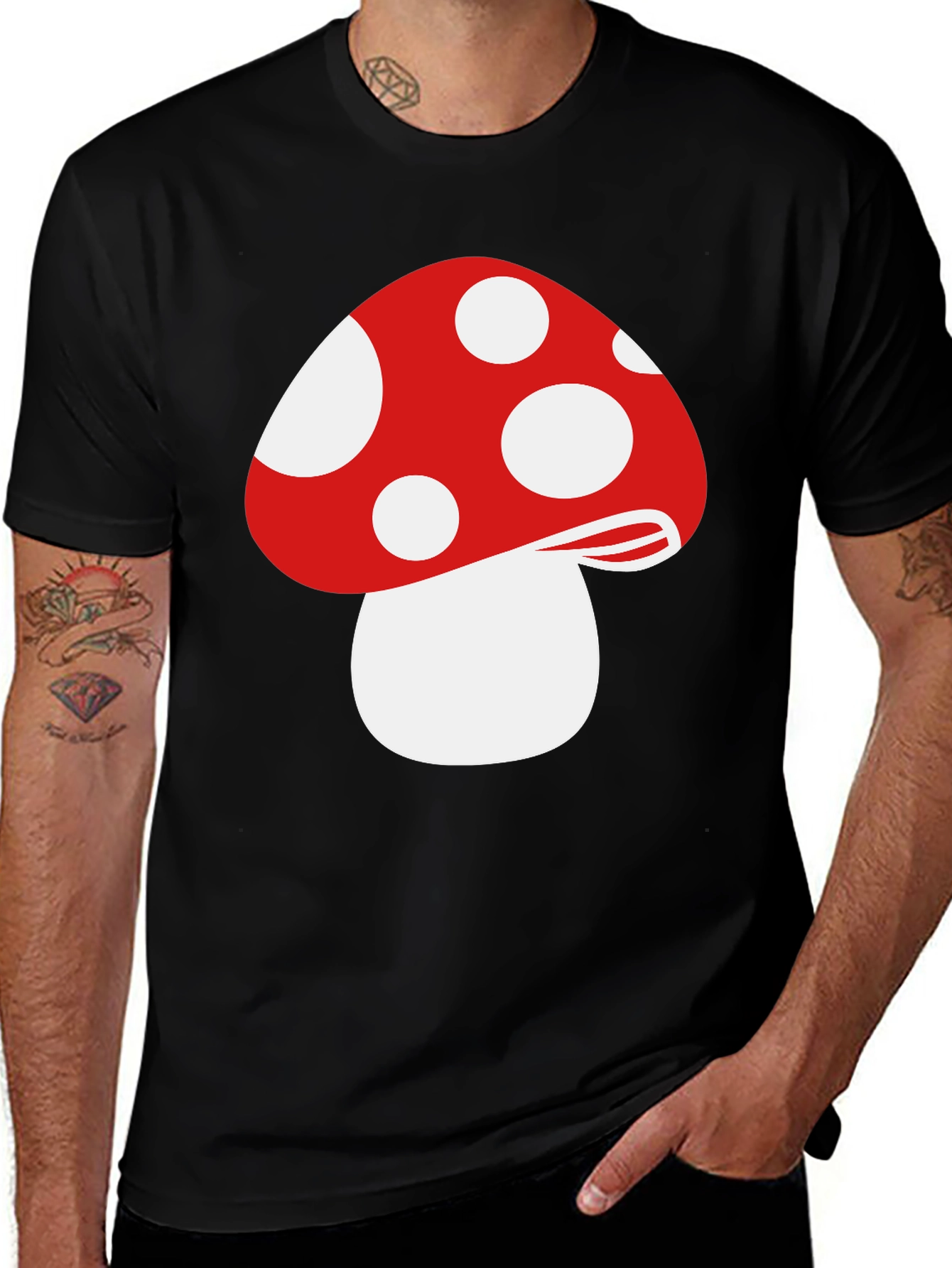 Red Mushroom Graphic Tee - Funky Black T-Shirt