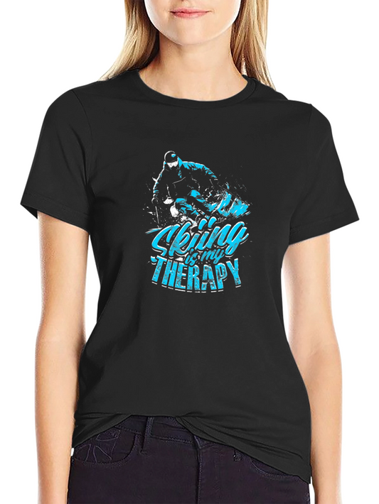 Skiing Therapy Graphic Tee - Black Cotton T-Shirt