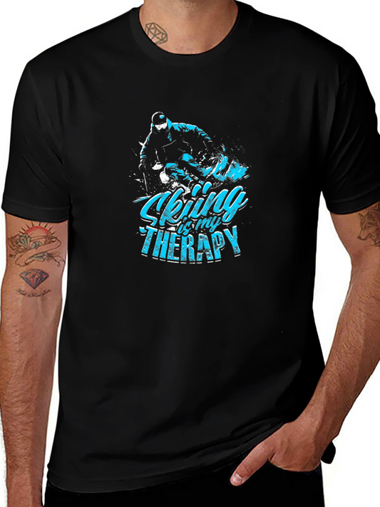 Skiing Therapy Graphic Tee - Black Cotton T-Shirt
