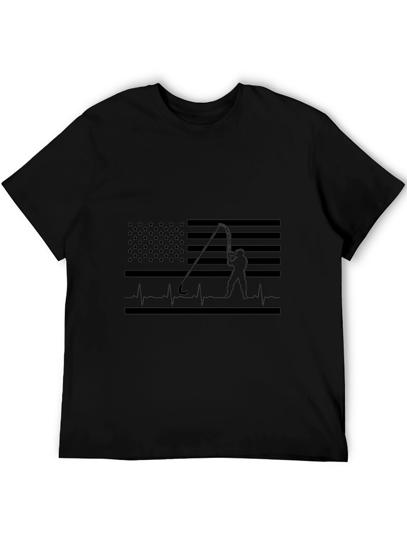 Fishing Flag Heartbeat T-Shirt - Black Cotton Tee