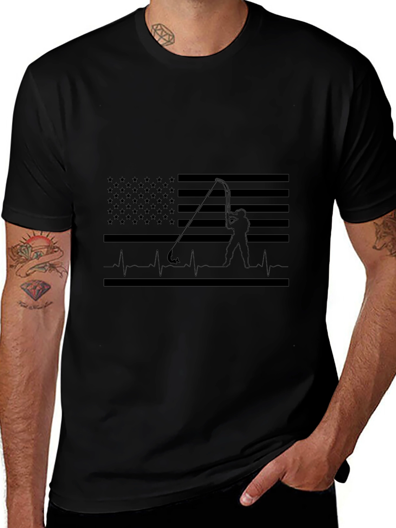 Fishing Flag Heartbeat T-Shirt - Black Cotton Tee