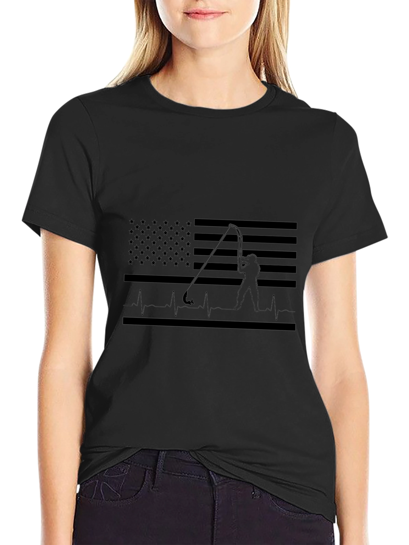 Fishing Flag Heartbeat T-Shirt - Black Cotton Tee