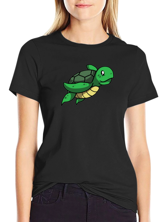 Cute Turtle Graphic Tee - Black Cotton T-Shirt