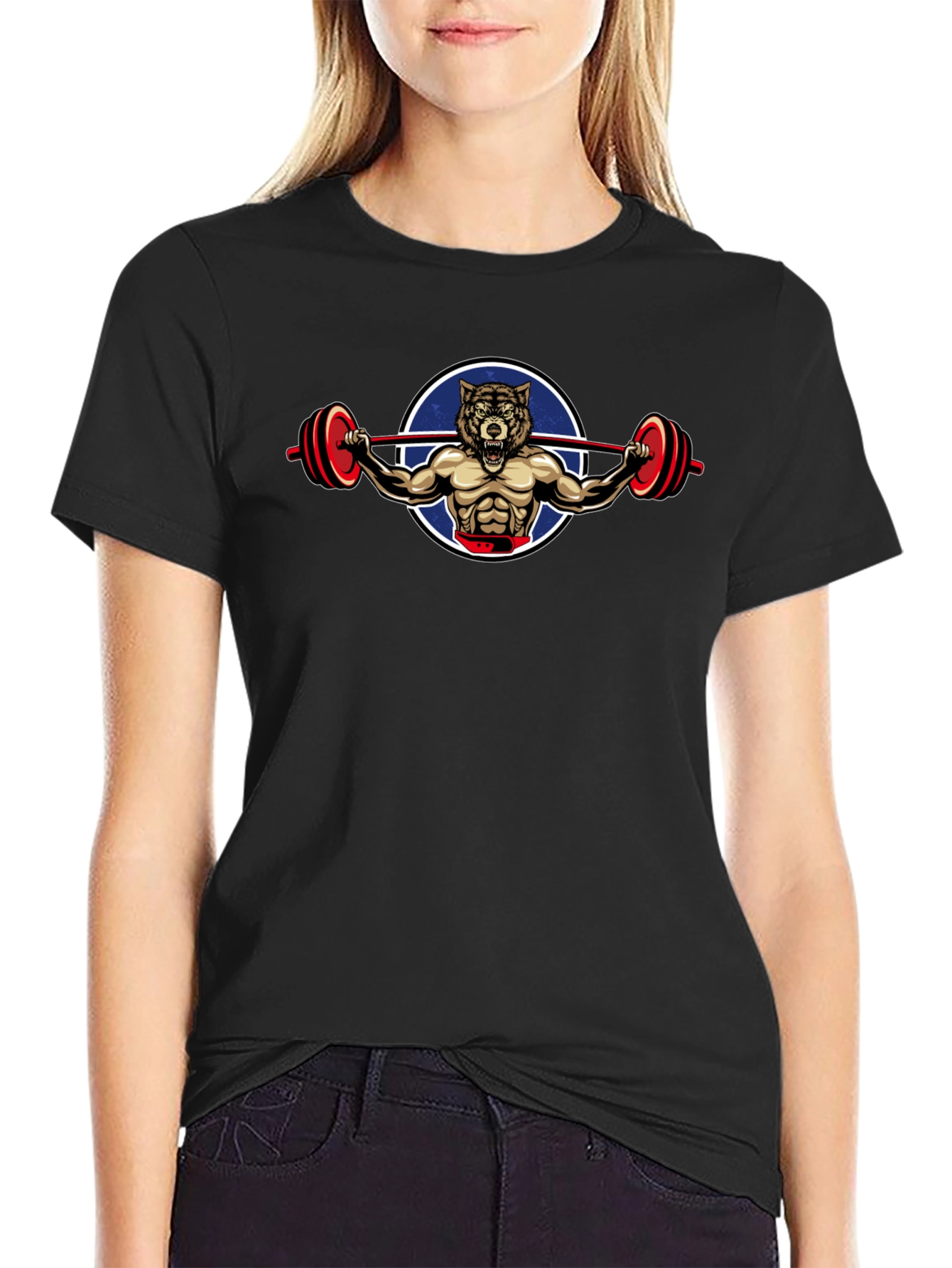 Wolf Gym Bodybuilder Graphic Print Black T-Shirt