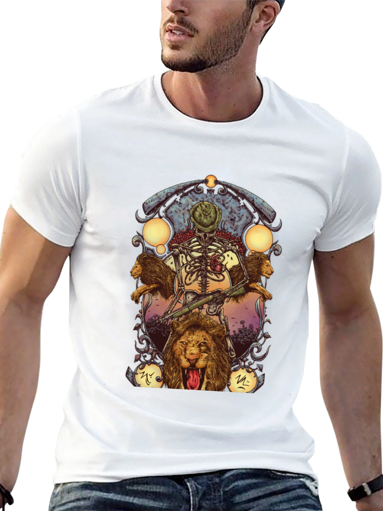 Skeleton & Lions Graphic Print Black T-Shirt