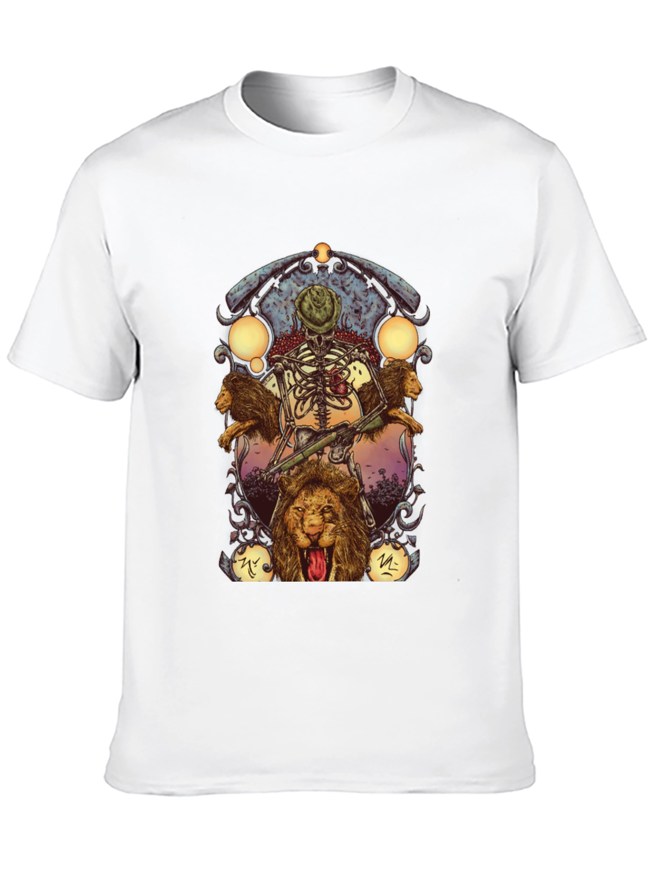 Skeleton & Lions Graphic Print Black T-Shirt