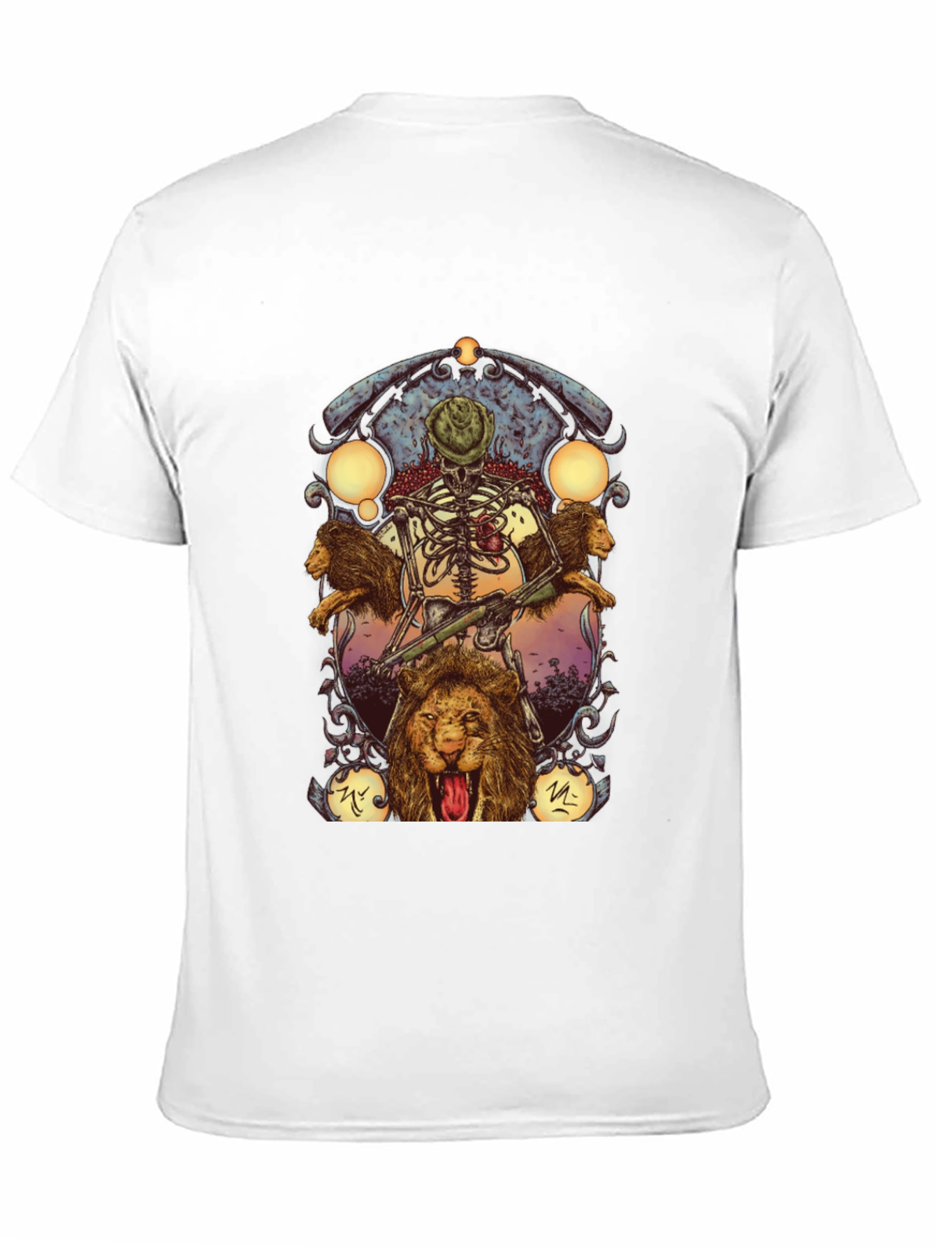 Skeleton & Lions Graphic Print Black T-Shirt