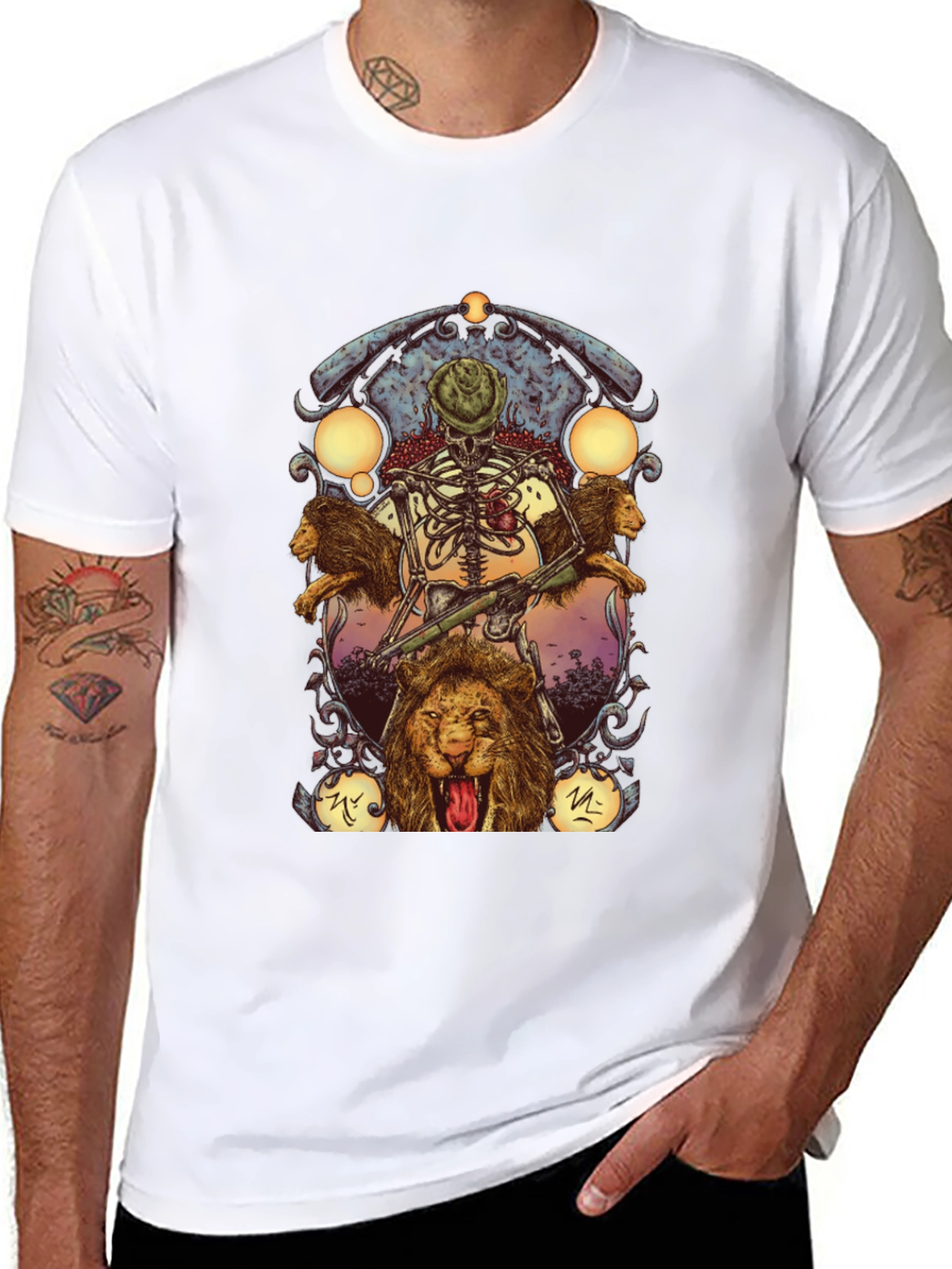 Skeleton & Lions Graphic Print Black T-Shirt